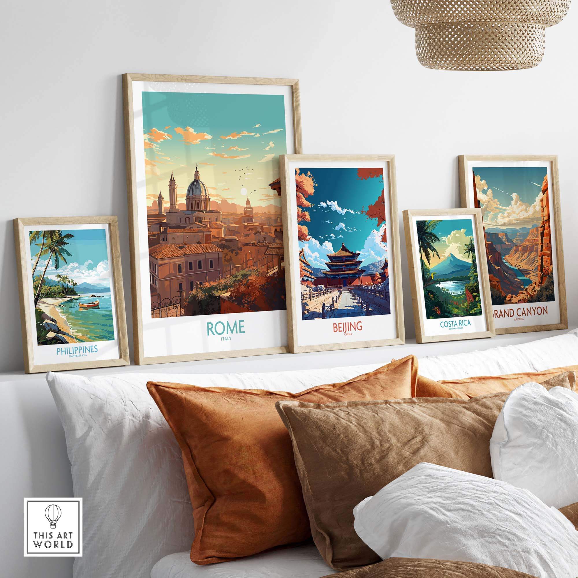 Framed Rome poster among other travel art prints, showcasing Italy's beauty in a stylish gallery wall decor.