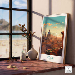 Stunning Rome poster displayed on a windowsill, showcasing the beauty of Italy with vibrant colors and a picturesque skyline.
