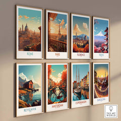 Gallery wall featuring city posters of Rome, Paris, Florence, Tokyo, Reykjavik, Amsterdam, Copenhagen, and Barcelona.