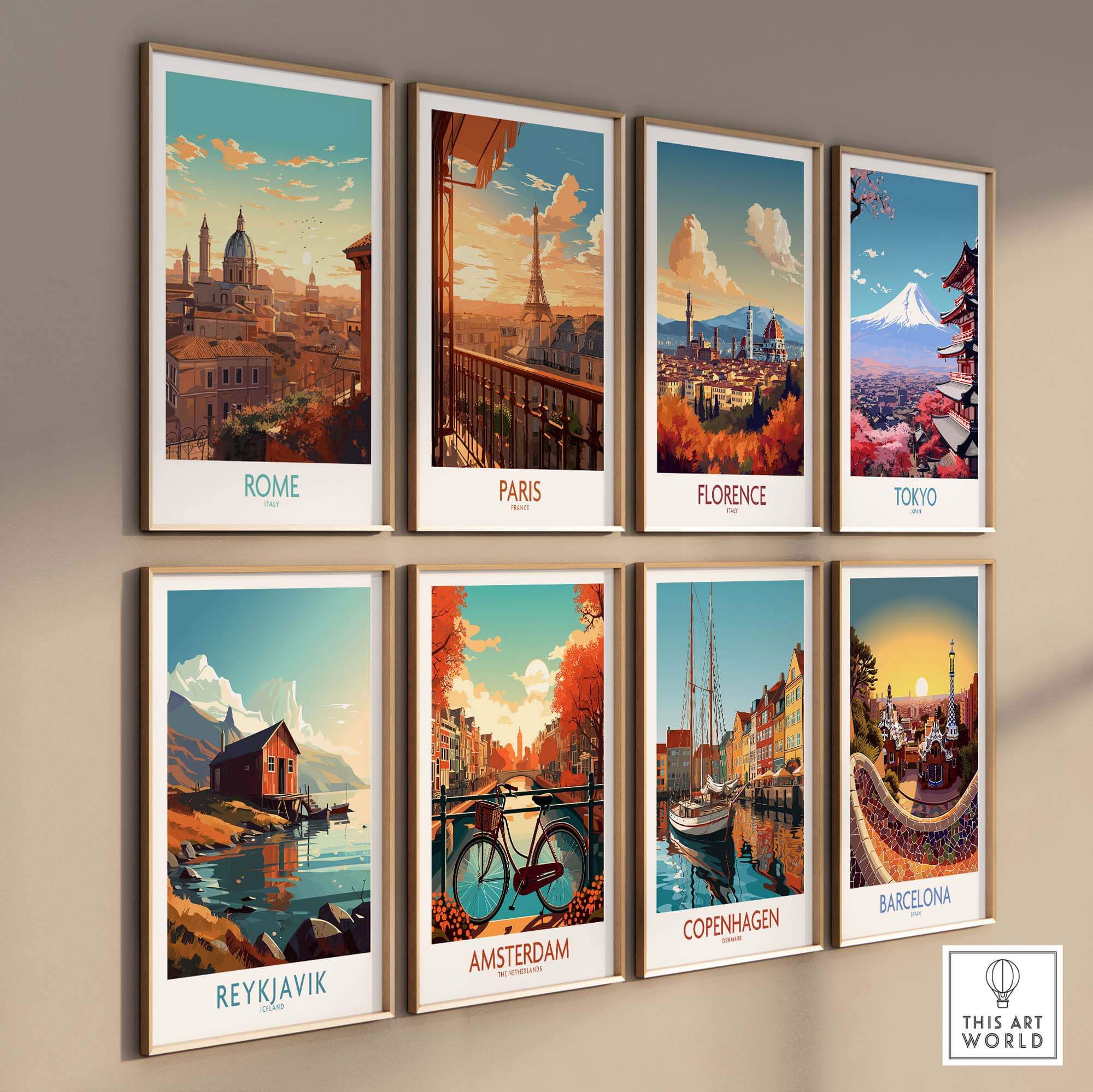 Gallery wall featuring city posters of Rome, Paris, Florence, Tokyo, Reykjavik, Amsterdam, Copenhagen, and Barcelona.