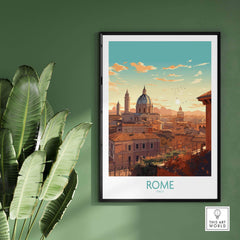 Rome poster featuring a sunset view of the city skyline, framed and displayed against a green wall with a plant.