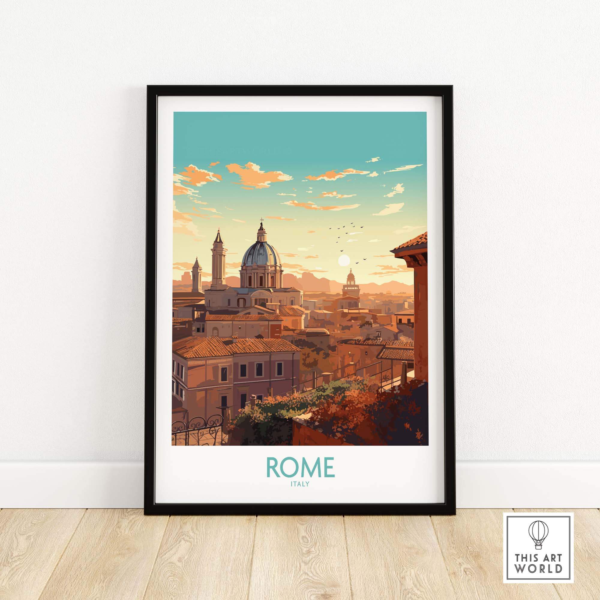 Stunning Rome poster featuring a picturesque sunset view over Italian architecture, perfect for home decor.