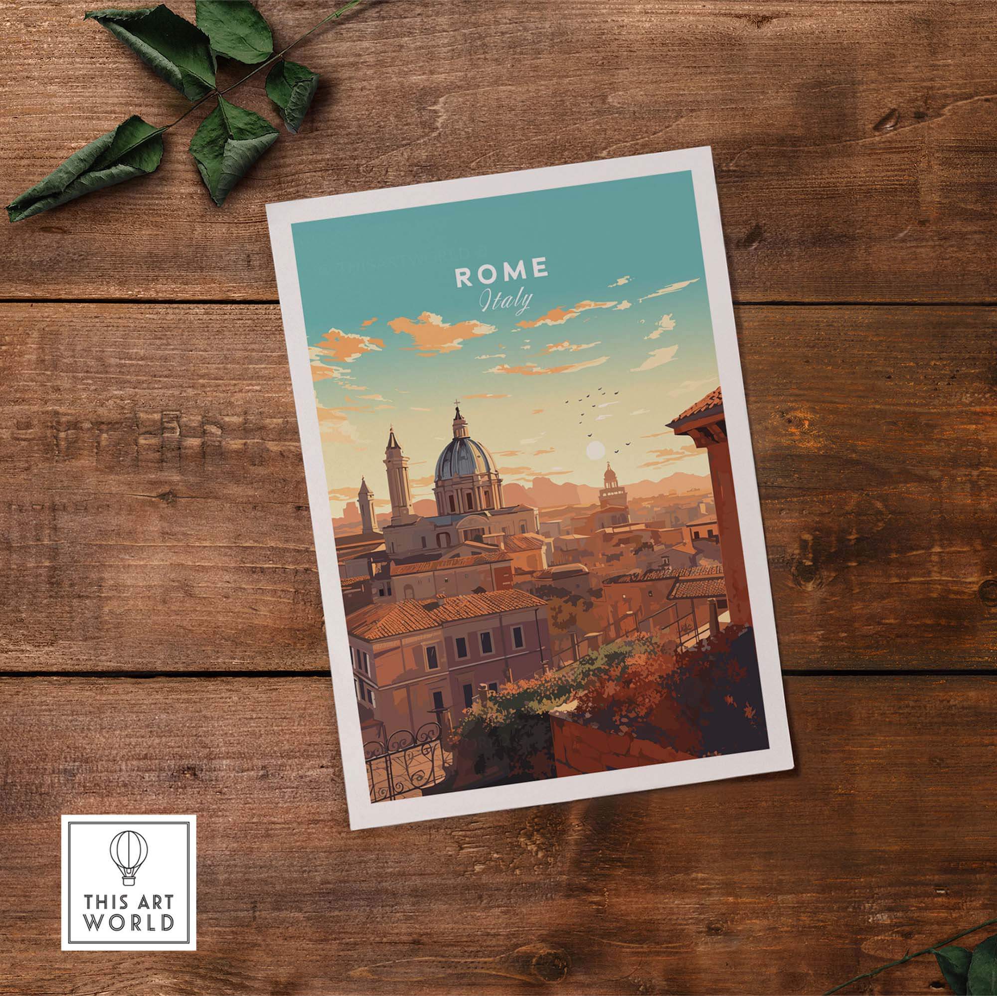 Rome Print showing a vibrant illustration of the Eternal City, perfect for home decor and travel memories.
