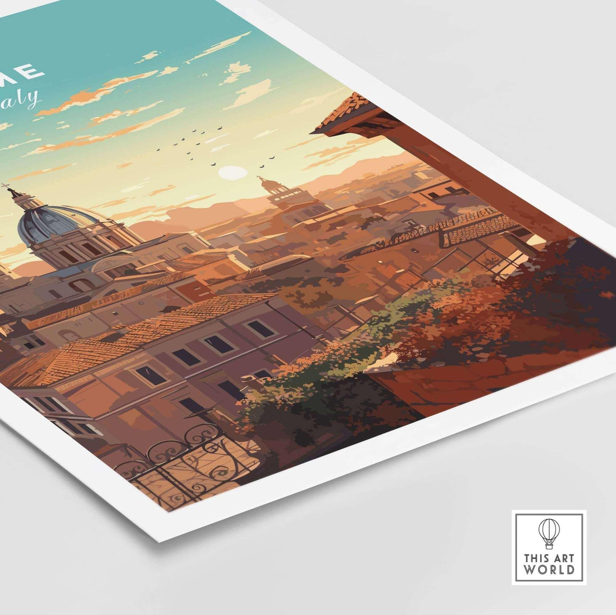 Rome Print depicting a beautiful sunset view of Rome, perfect for commemorating travels to the Eternal City.