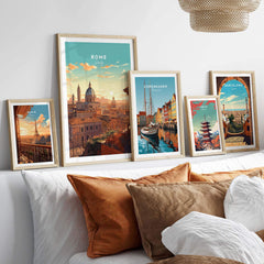 Gallery wall featuring Rome Print along with prints from Copenhagen and Barcelona, showcasing vibrant artwork.
