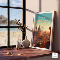 Beautiful Rome Print framed on a wooden table by the window, perfect for art lovers and travelers.