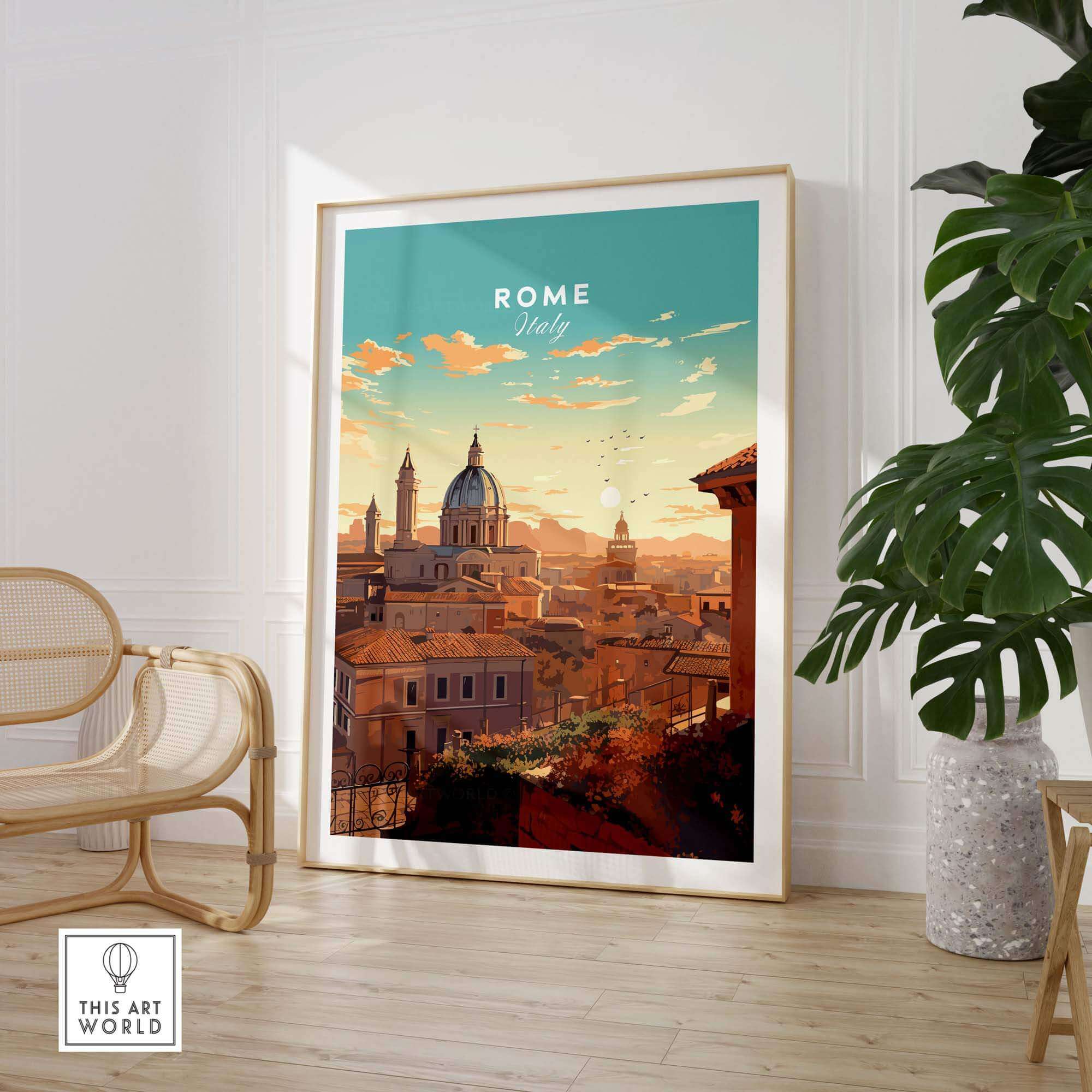 A vibrant Rome Print displaying the beautiful skyline of Rome, Italy, perfect for home decor or as a travel memento.