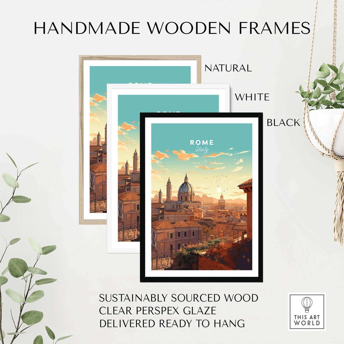 A collection of handmade wooden frames in natural, white, and black displaying a Rome Print poster.