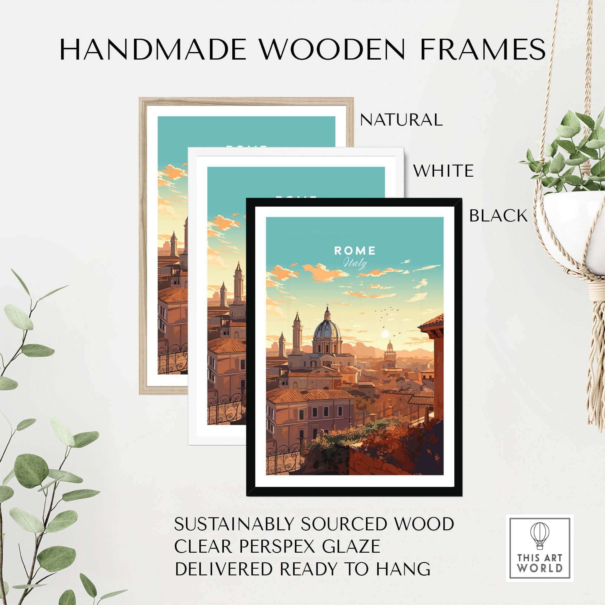 A collection of handmade wooden frames in natural, white, and black displaying a Rome Print poster.