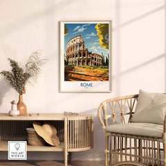 Rome print featuring the Colosseum displayed in a stylish living room setting, perfect for home decor enthusiasts.