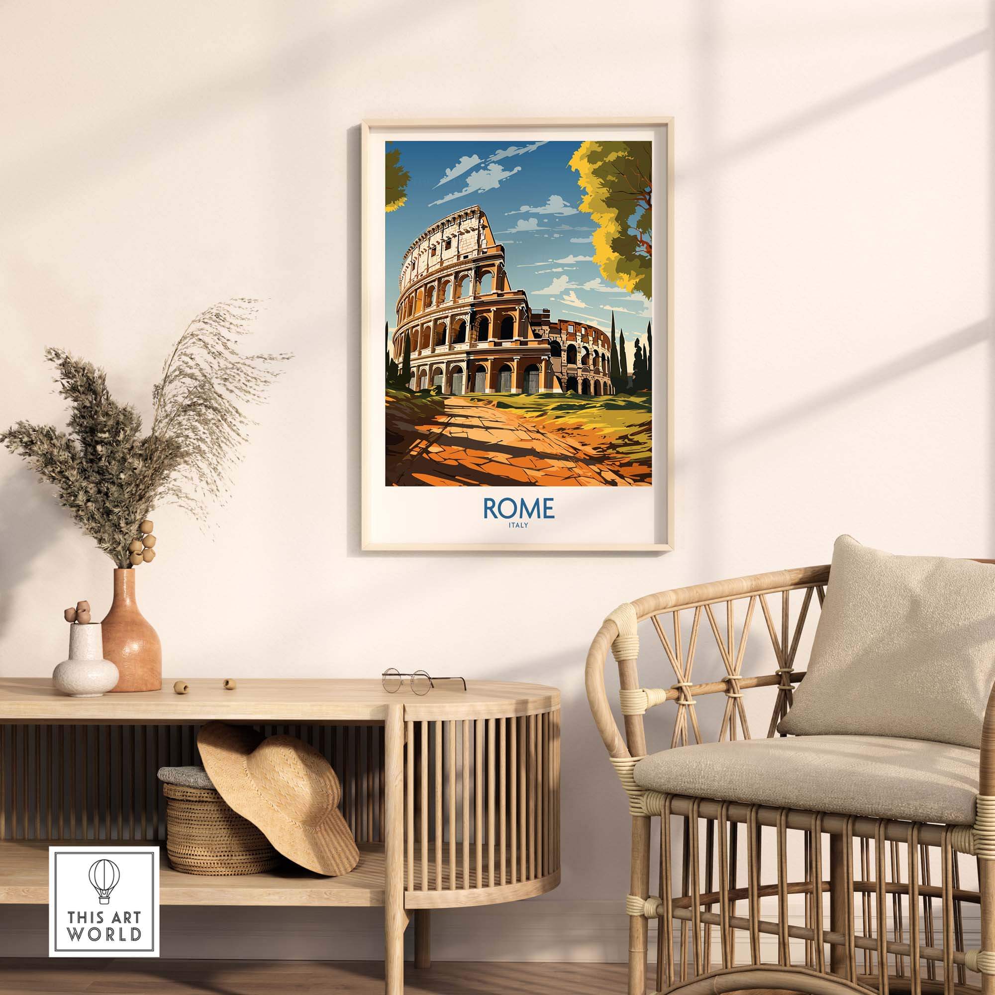 Rome print featuring the Colosseum displayed in a stylish living room setting, perfect for home decor enthusiasts.