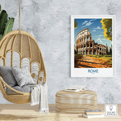 Rome print featuring the Colosseum in a stylish interior setting with a hanging chair and decorative elements.