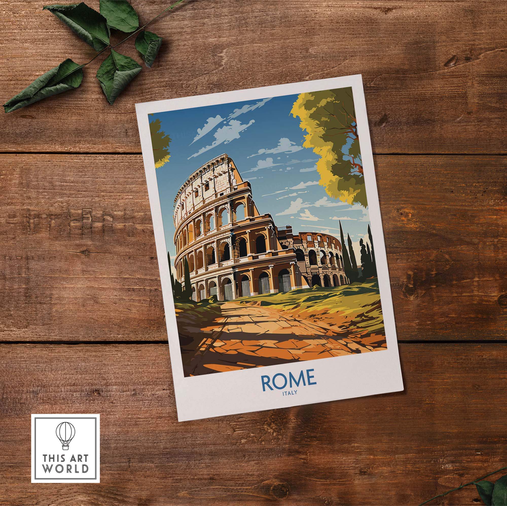 Rome print featuring the Colosseum, showcasing Italy's iconic architecture in a vibrant, artistic style. Perfect home decor.
