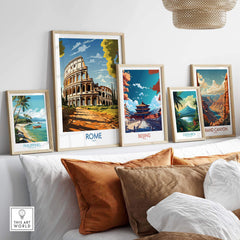 Decorative art prints featuring Rome's Colosseum, Beijing's temple, and scenic landscapes in a modern living room setting.