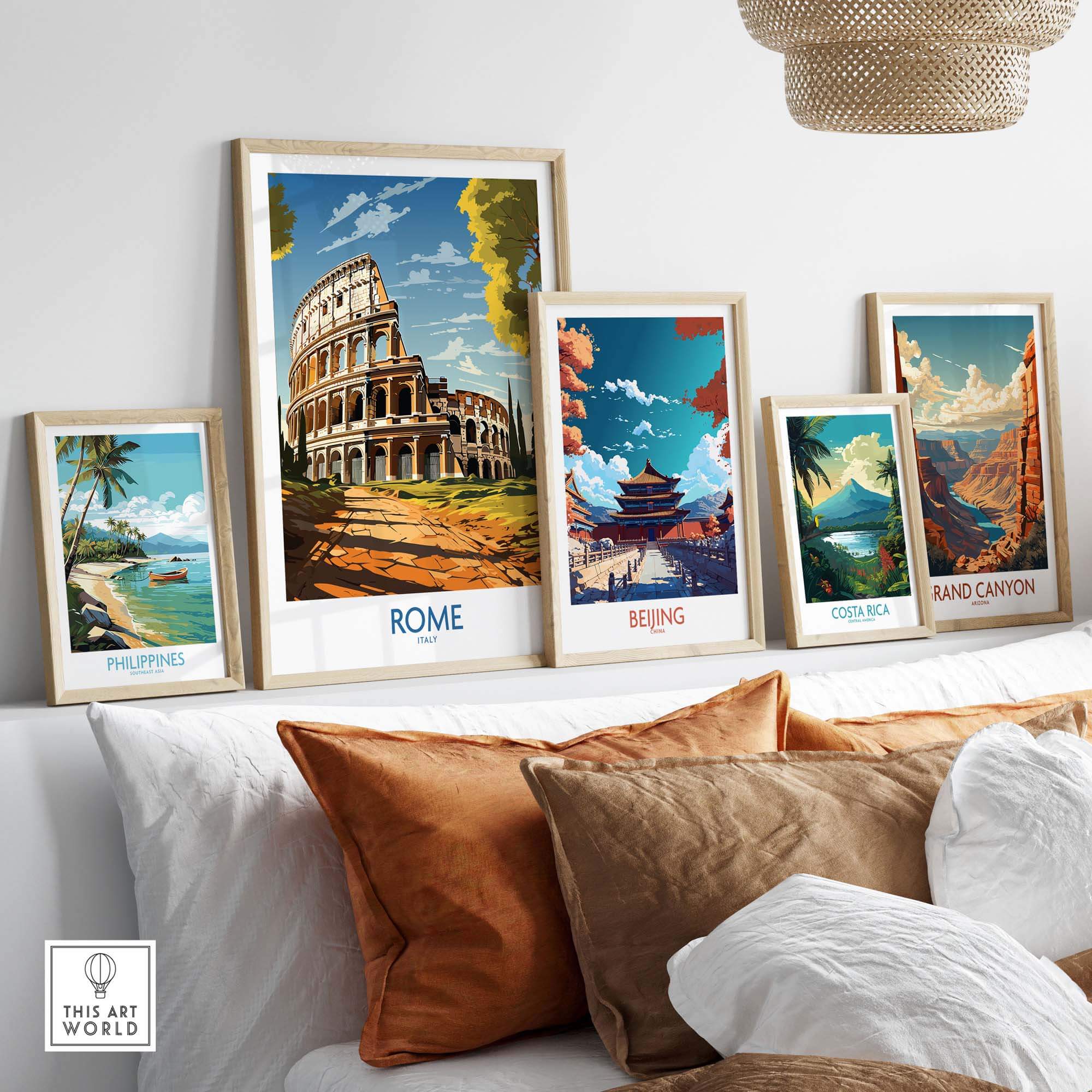 Decorative art prints featuring Rome's Colosseum, Beijing's temple, and scenic landscapes in a modern living room setting.