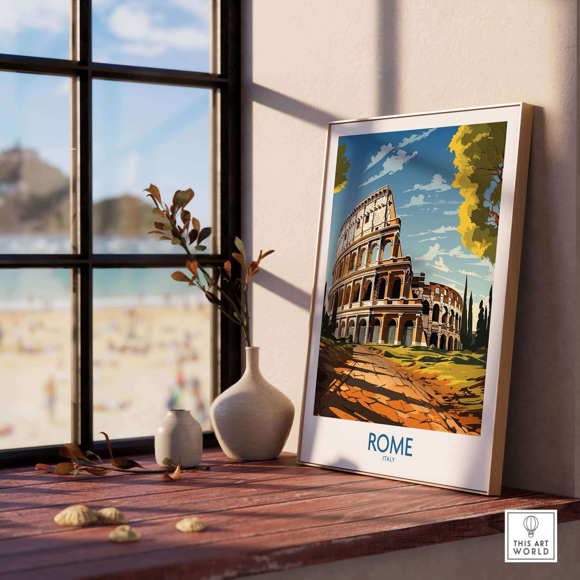 Rome print featuring the Colosseum on a windowsill, showcasing Italy's iconic architecture and vibrant colors.