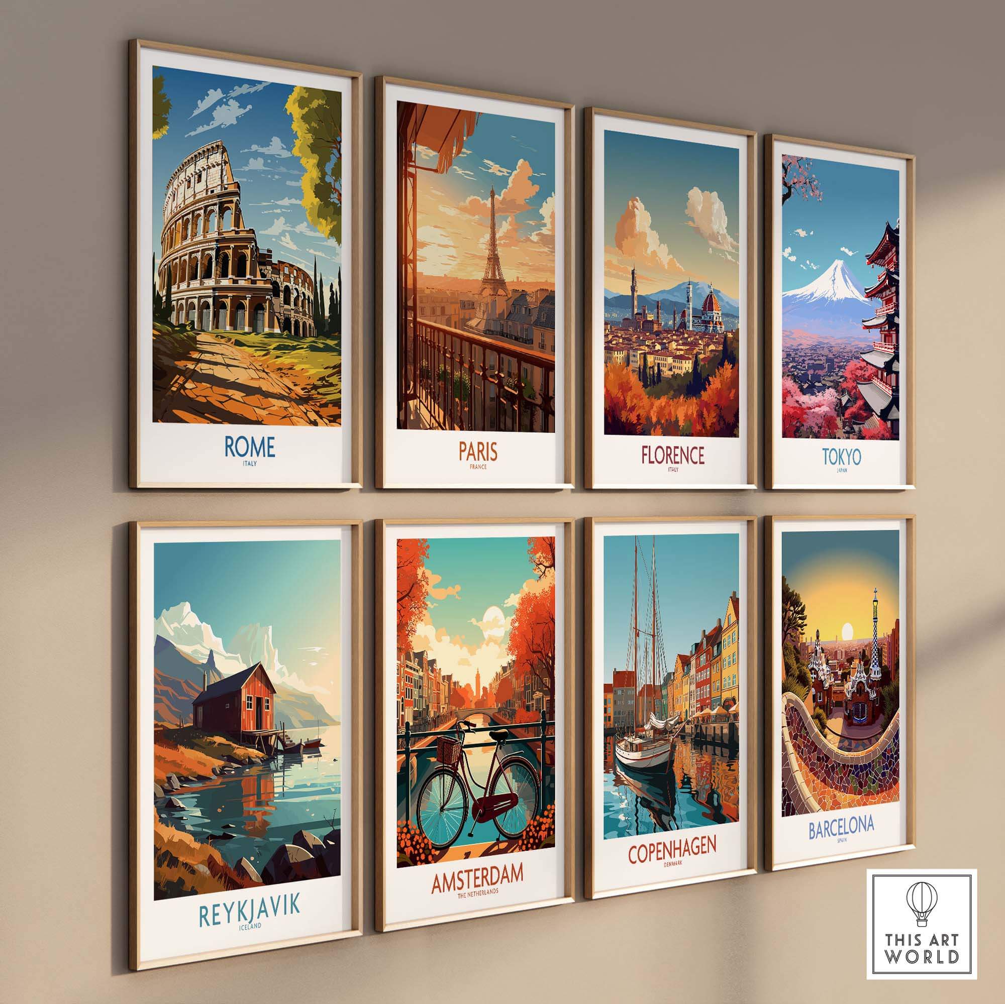Collection of vintage travel posters featuring iconic landmarks from Rome, Paris, Florence, Tokyo, Reykjavik, Amsterdam, Copenhagen, and Barcelona.