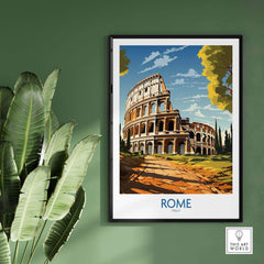 Rome print featuring the Colosseum, framed on a green wall, showcasing Italy's historic architecture and vibrant colors.