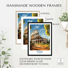 Handmade wooden frames in natural, white, and black for Rome print featuring the Colosseum, ready to hang.