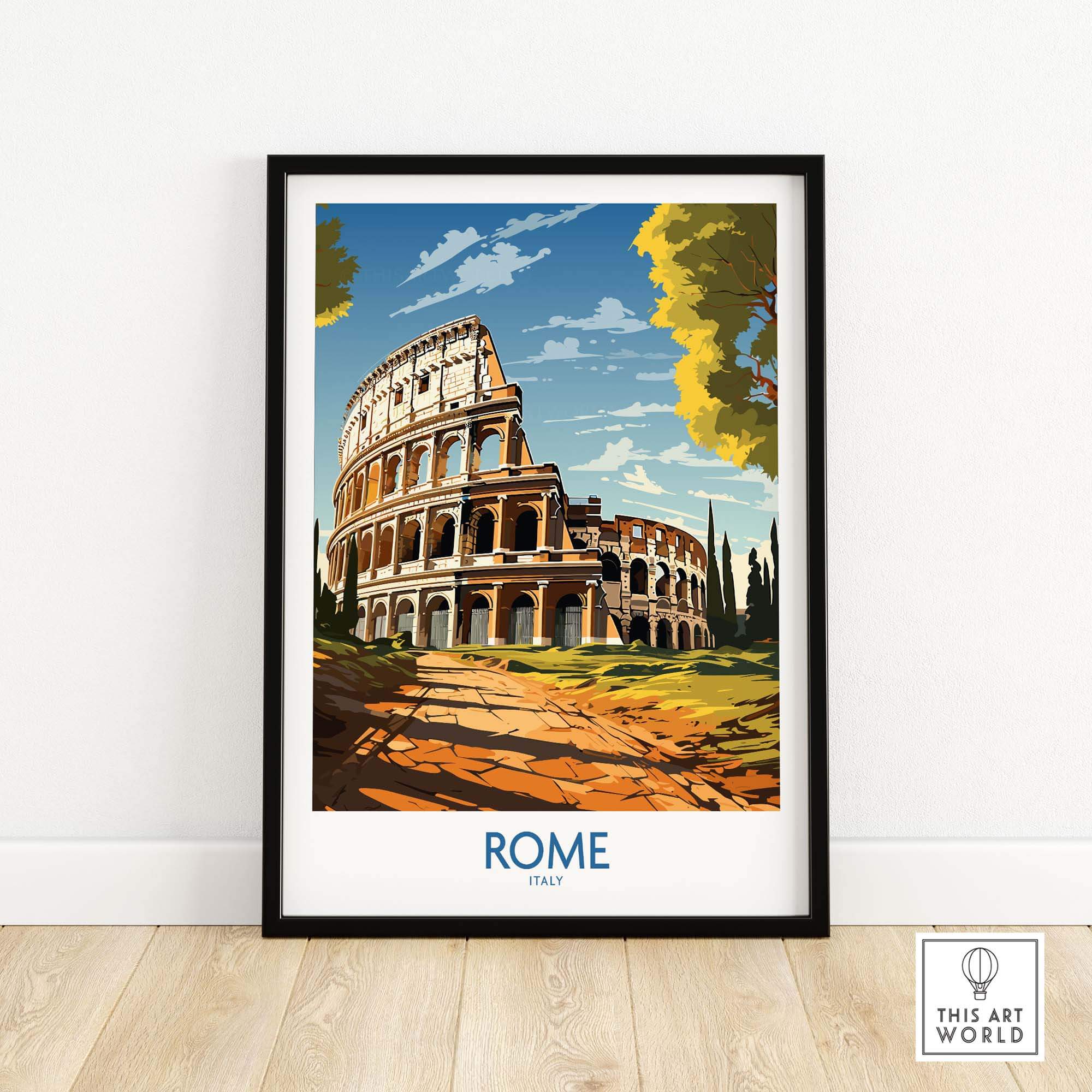 Rome print featuring the iconic Colosseum, vibrant colors highlighting Italy's rich history and architecture.