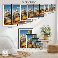 Rome Wall Art size guide showing various frame sizes and the iconic Colosseum print for home decoration.