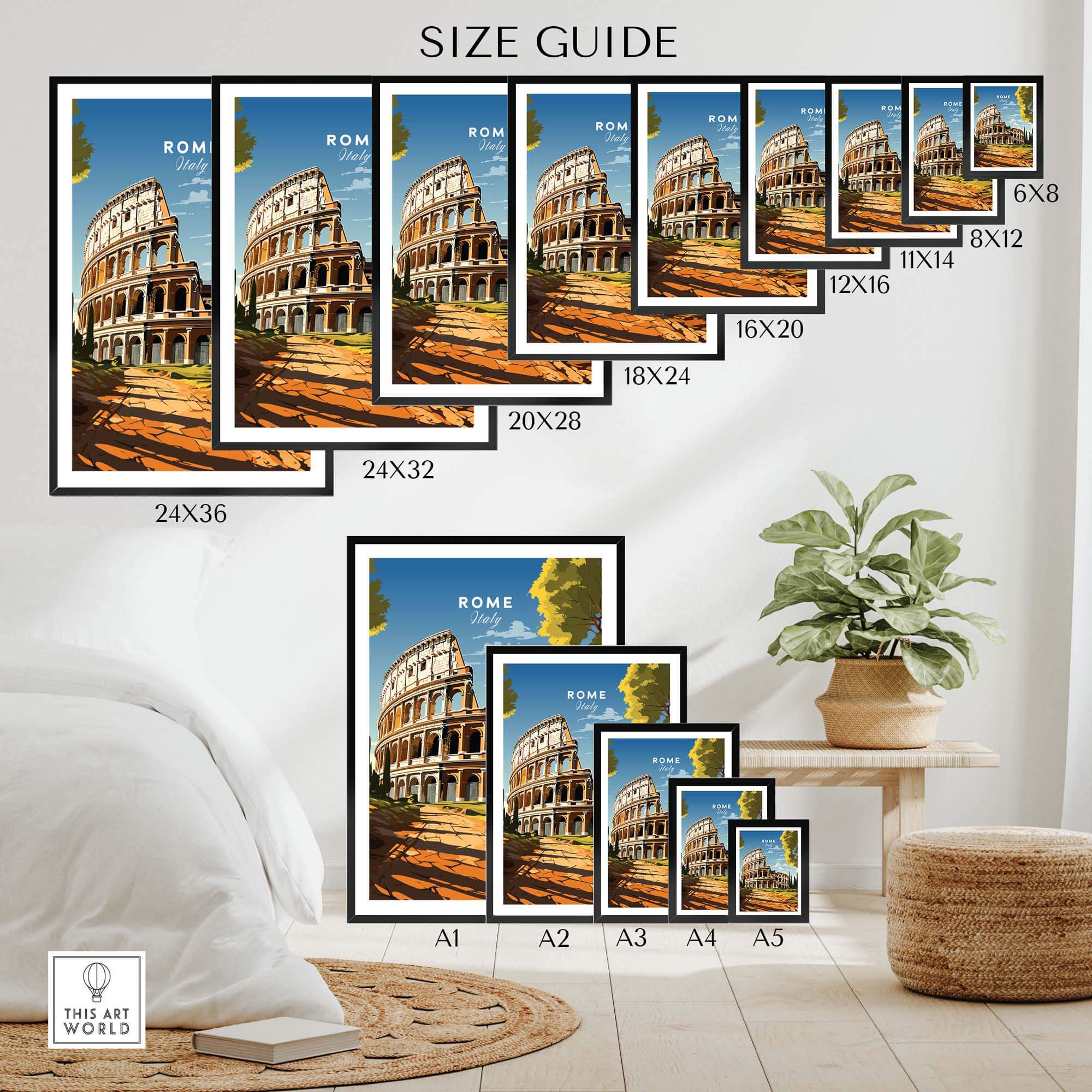 Rome Wall Art size guide showing various frame sizes and the iconic Colosseum print for home decoration.
