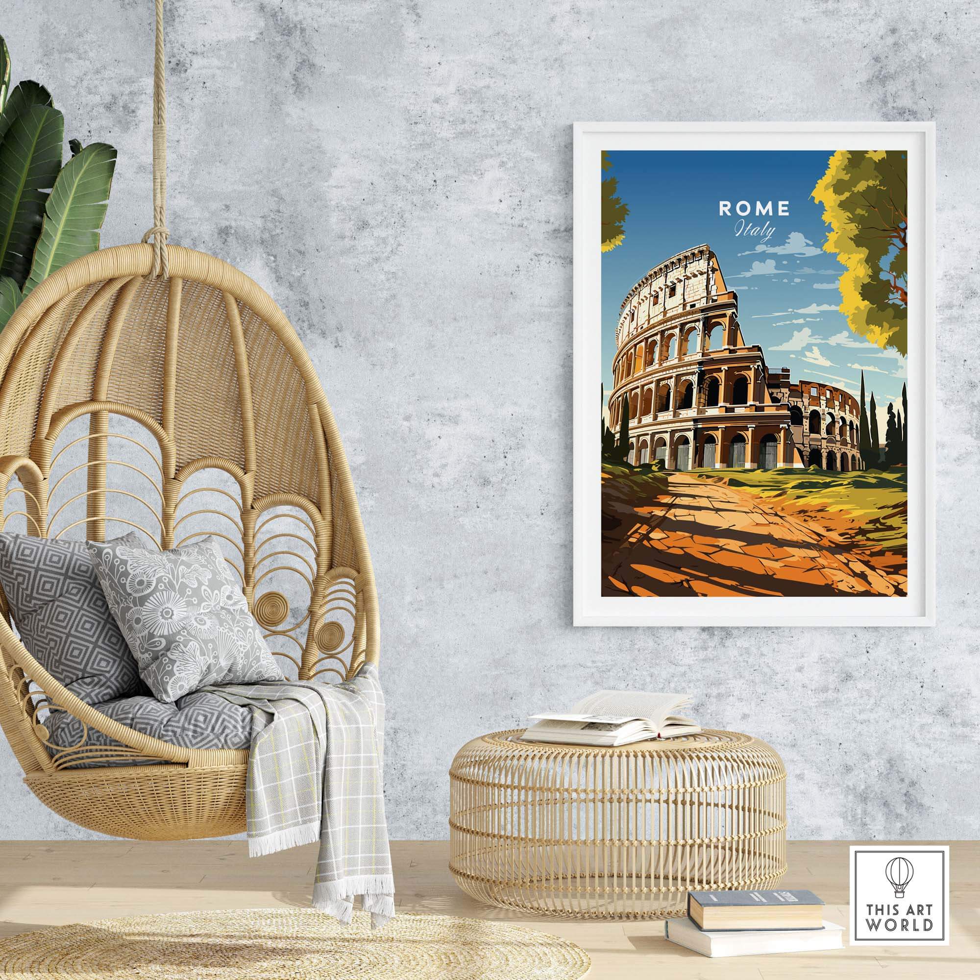 Modern Rome Wall Art featuring the iconic Colosseum in a stylish living space setting.