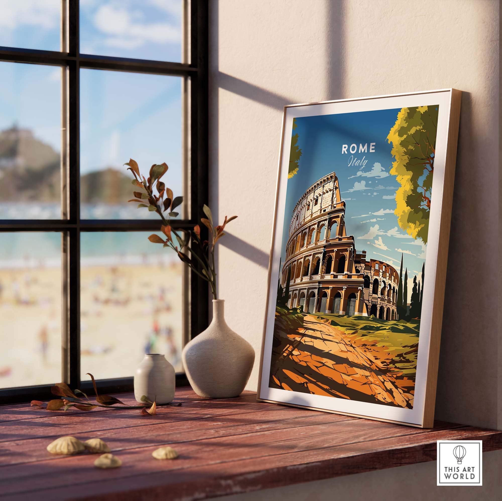 Rome Wall Art featuring a vibrant poster of the Colosseum, bringing Italian charm to home decor.