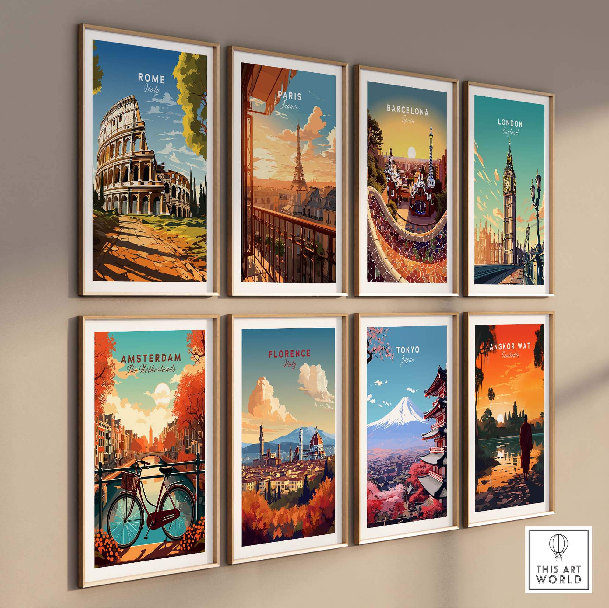 Rome Wall Art featuring the Colosseum among travel-inspired posters from various iconic cities.