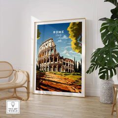 Rome Wall Art featuring a vibrant illustration of the Colosseum in a modern frame, perfect for home decor.