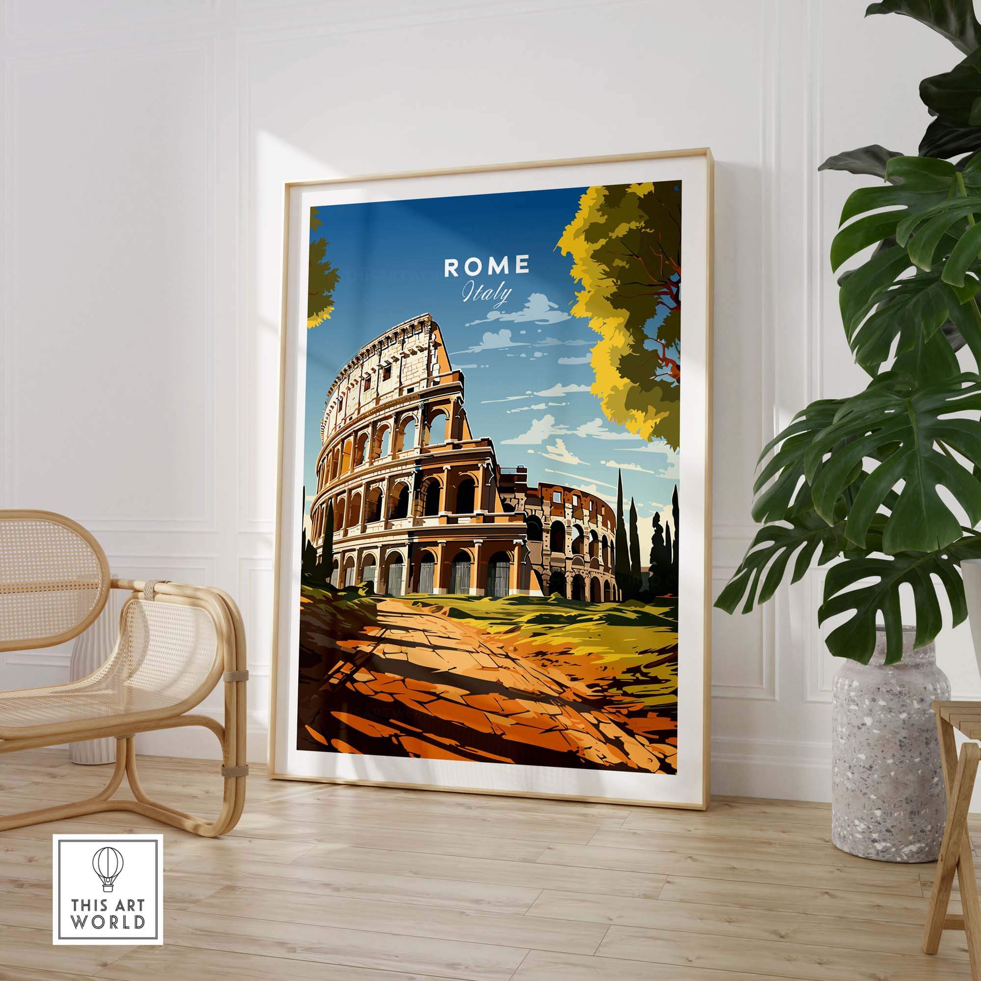 Rome Wall Art featuring a vibrant illustration of the Colosseum in a modern frame, perfect for home decor.