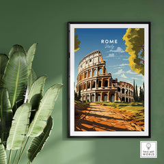 Rome Wall Art featuring the iconic Colosseum set against a vibrant green backdrop, perfect for enhancing your gallery wall.