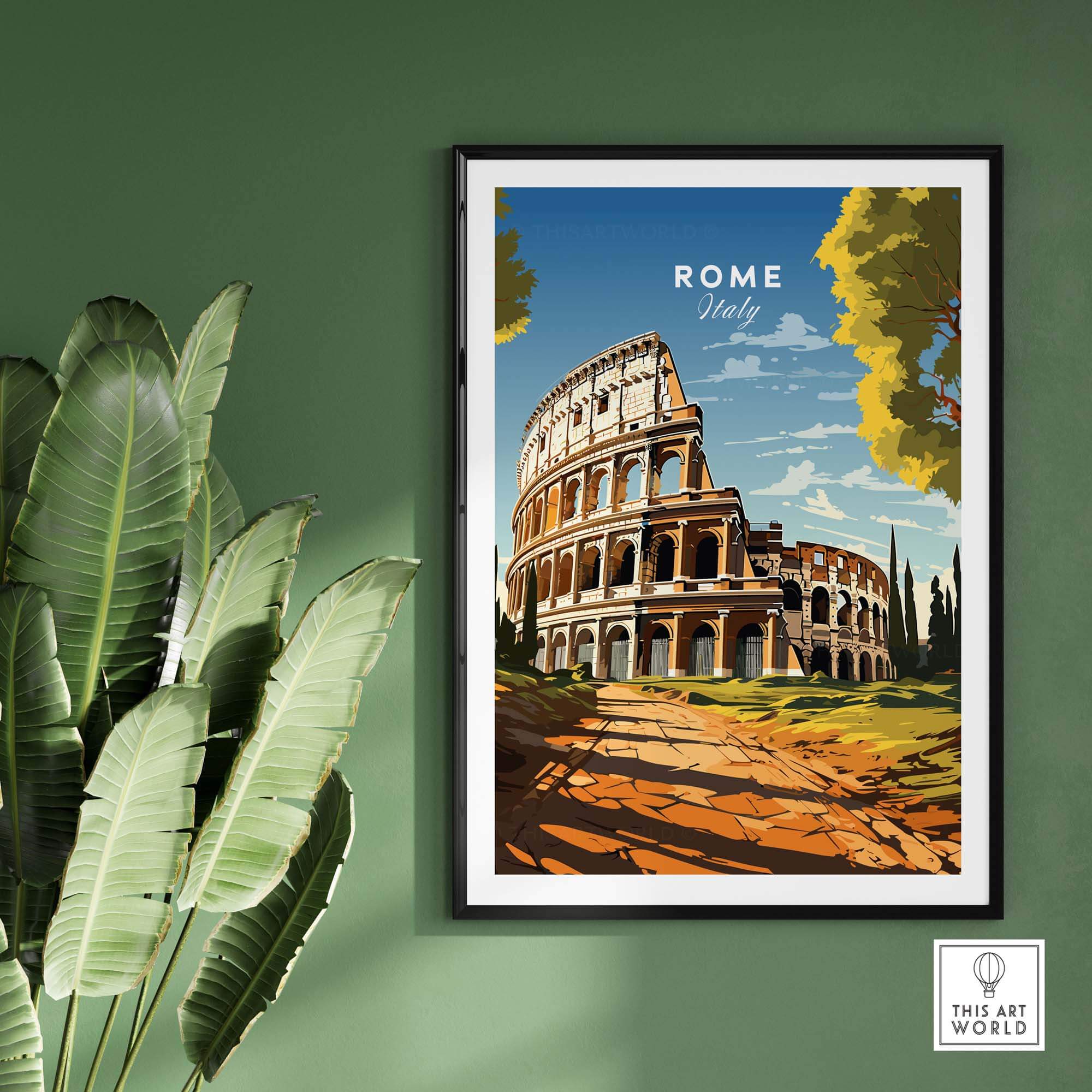 Rome Wall Art featuring the iconic Colosseum set against a vibrant green backdrop, perfect for enhancing your gallery wall.