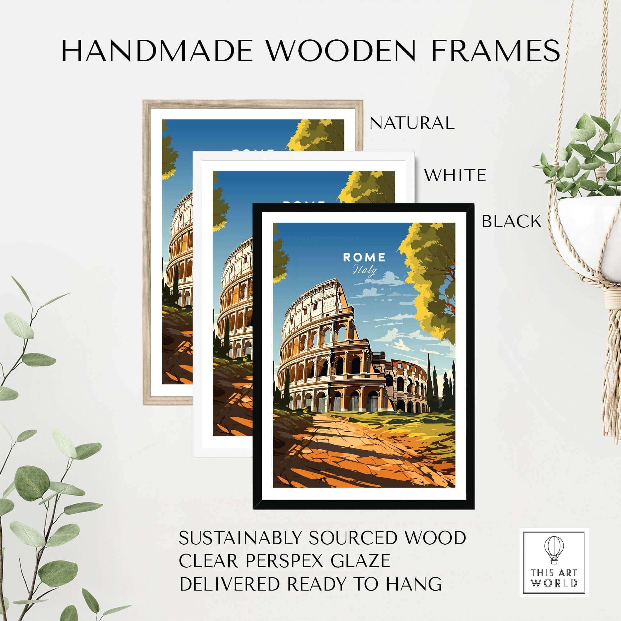 Rome Wall Art displayed in handmade wooden frames in natural, white, and black finishes.