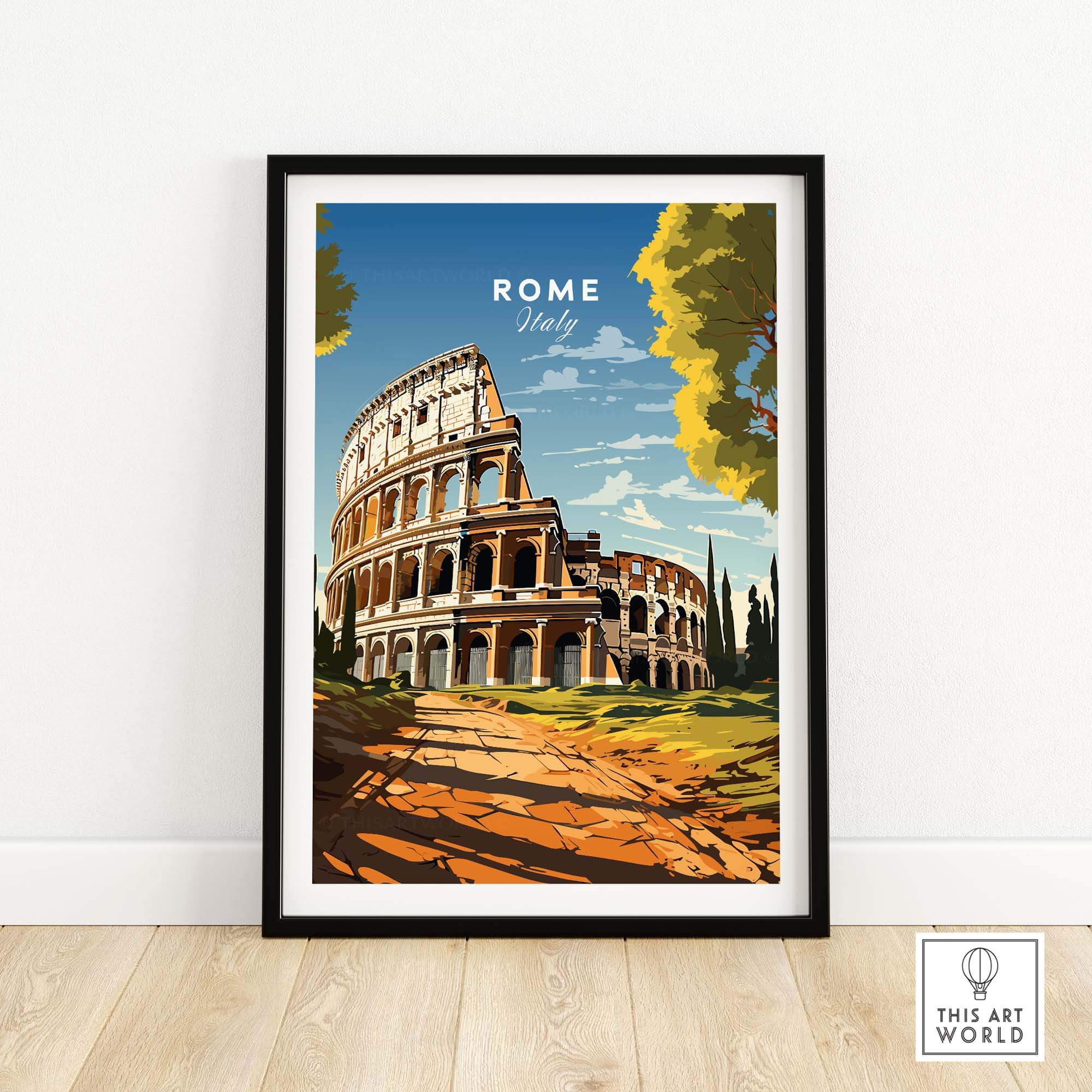 Rome Wall Art featuring a colorful depiction of the Colosseum in Italy, perfect for modern home decor.