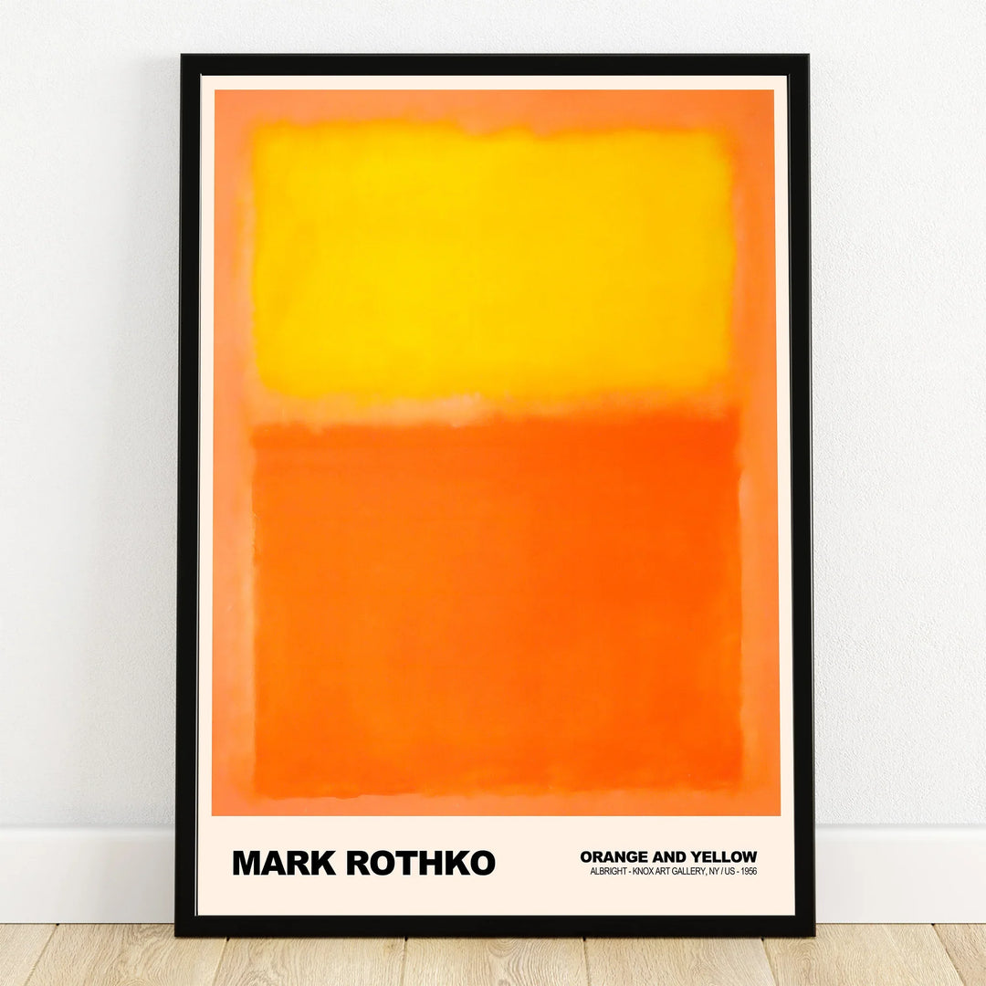 Framed abstract wall art print with bold yellow and orange color blocks on a white background