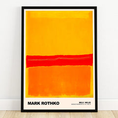 Modern wall art print with bold orange and red abstract color blocks in a black frame.