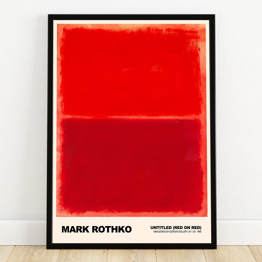 Framed abstract red wall art print featuring bold color blocks, modern home decor