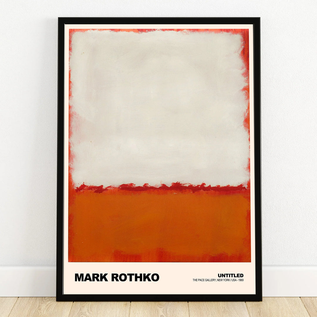 Framed abstract wall art print with large white and red-orange color blocks on a poster.