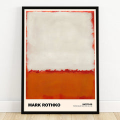 Framed abstract wall art print with large white and red-orange color blocks on a poster.