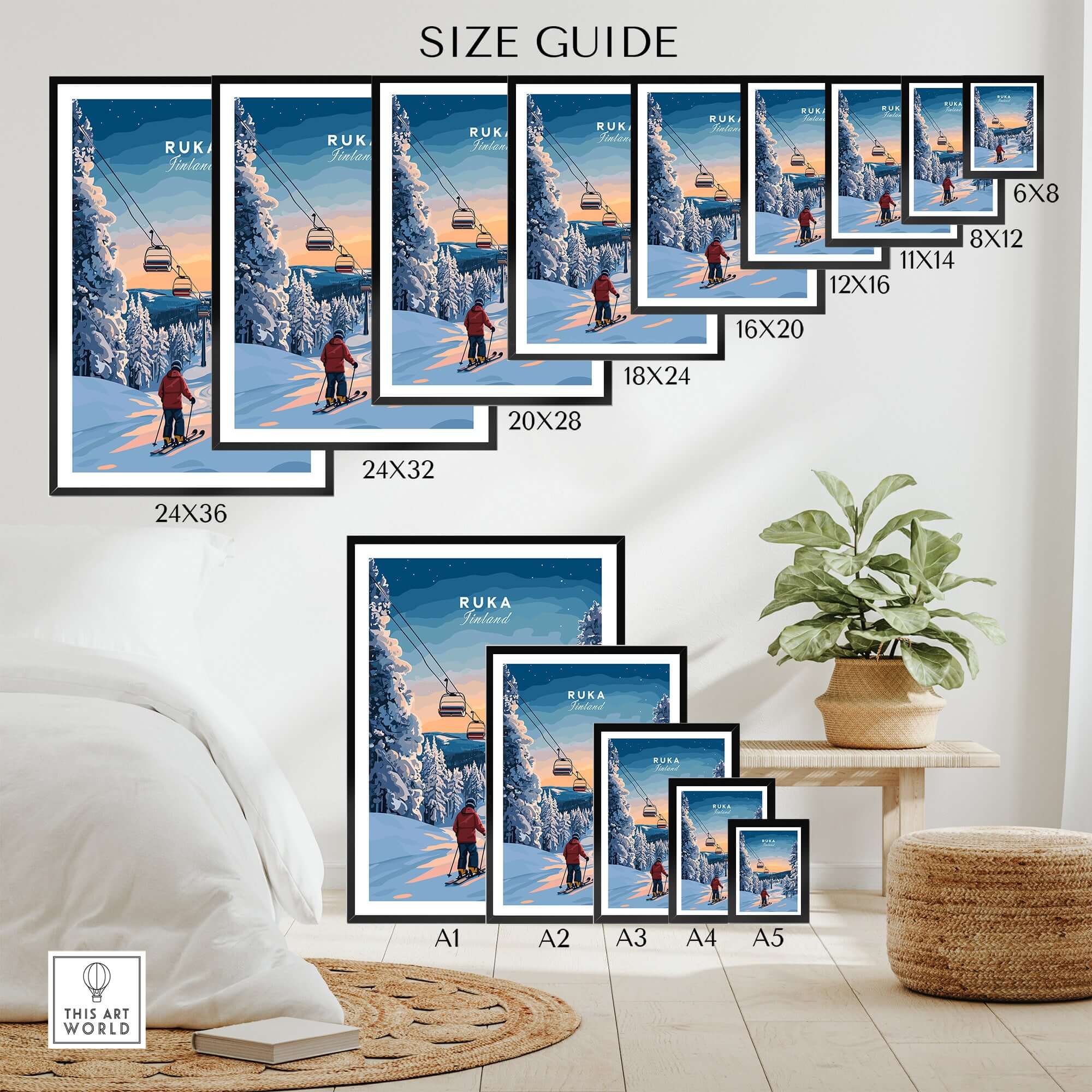 Ruka Finland ski poster size guide showcasing various frame sizes and winter landscape design.