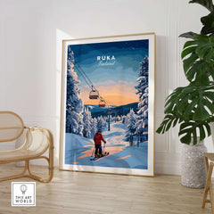 Ruka Finland ski poster showcasing a serene winter landscape with a chairlift and skier in a cozy room setting.