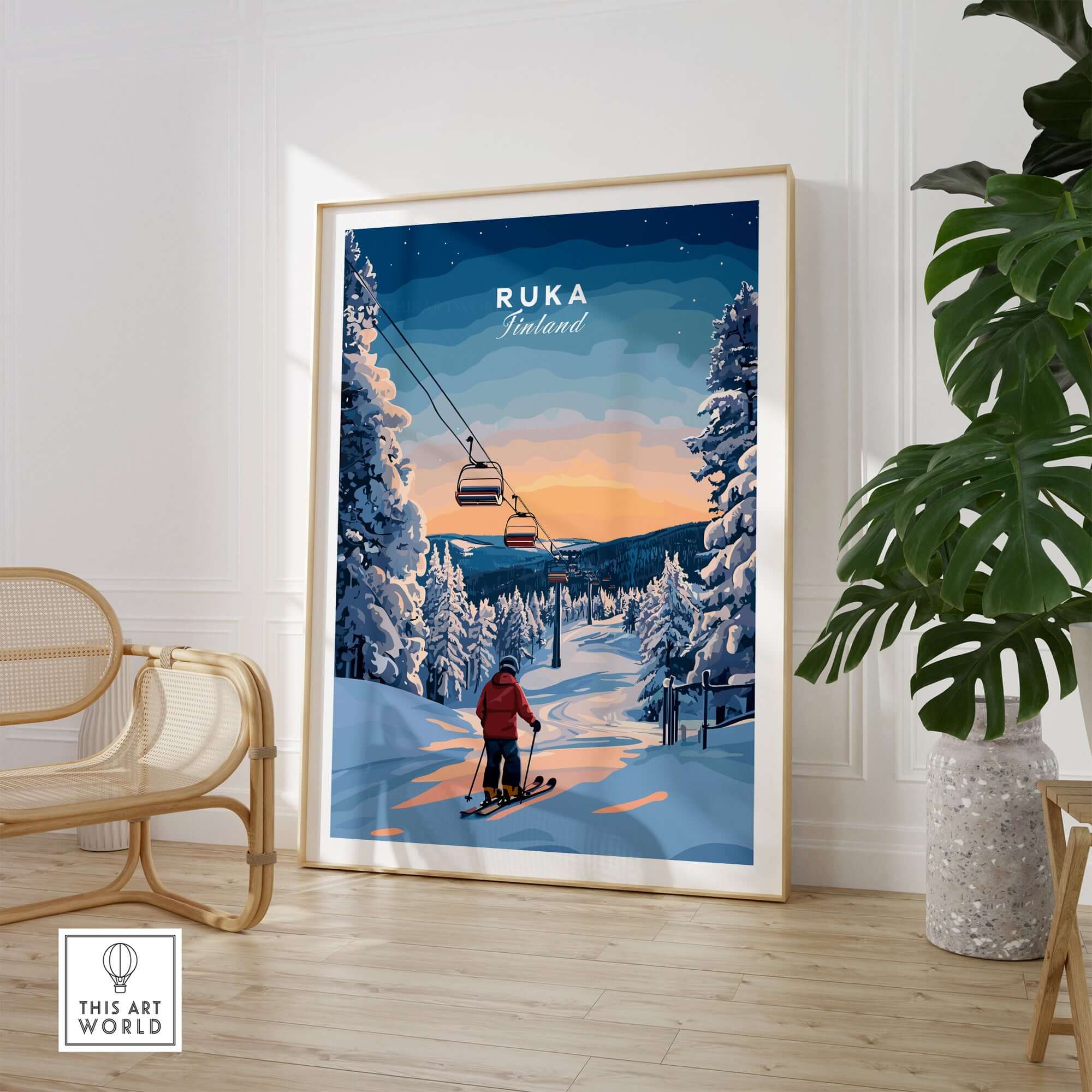 Ruka Finland ski poster showcasing a serene winter landscape with a chairlift and skier in a cozy room setting.