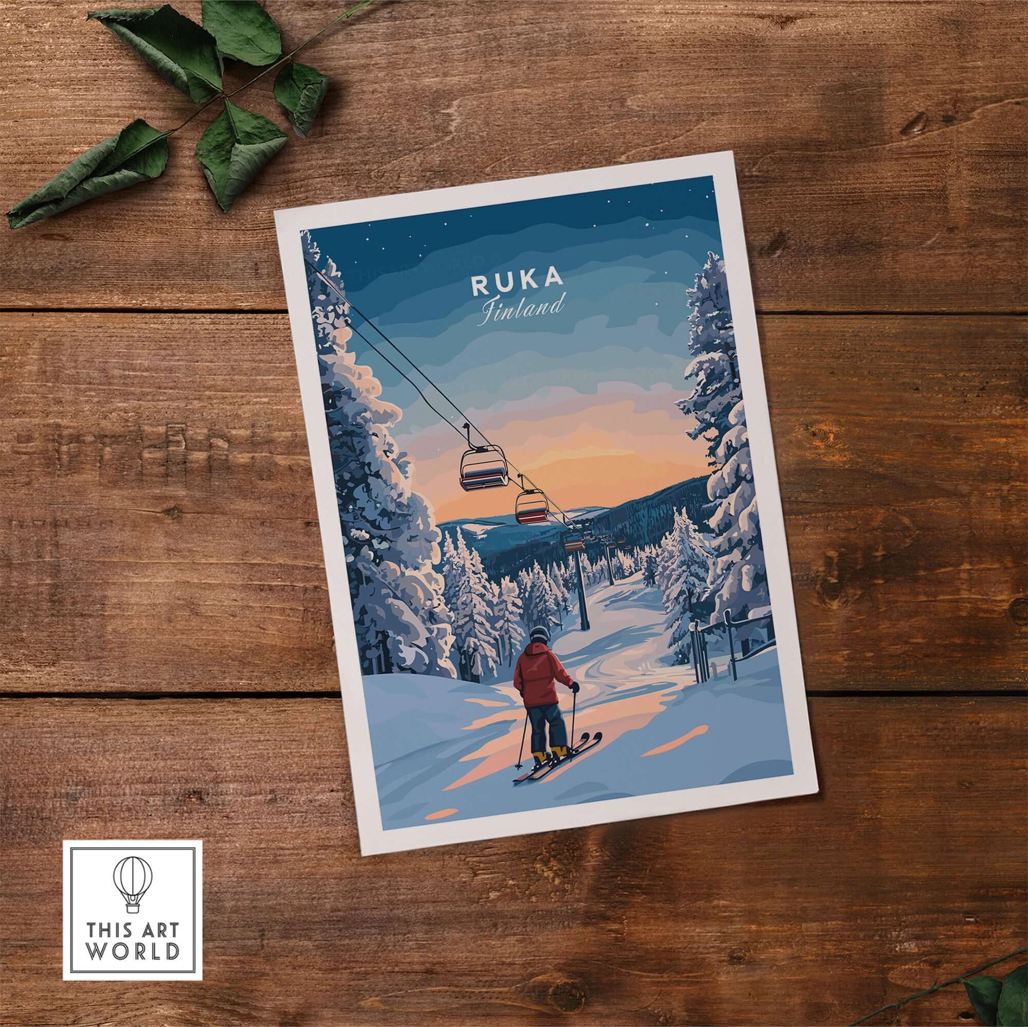Ruka Finland ski poster featuring serene winter landscape and skier on a snowy path, perfect Nordic wall art.
