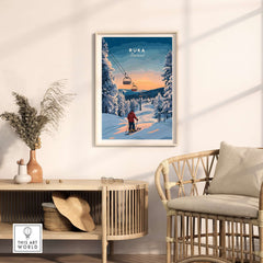 Ruka Finland ski poster showcasing a winter landscape with skiers and snowy scenery in a cozy interior setting.