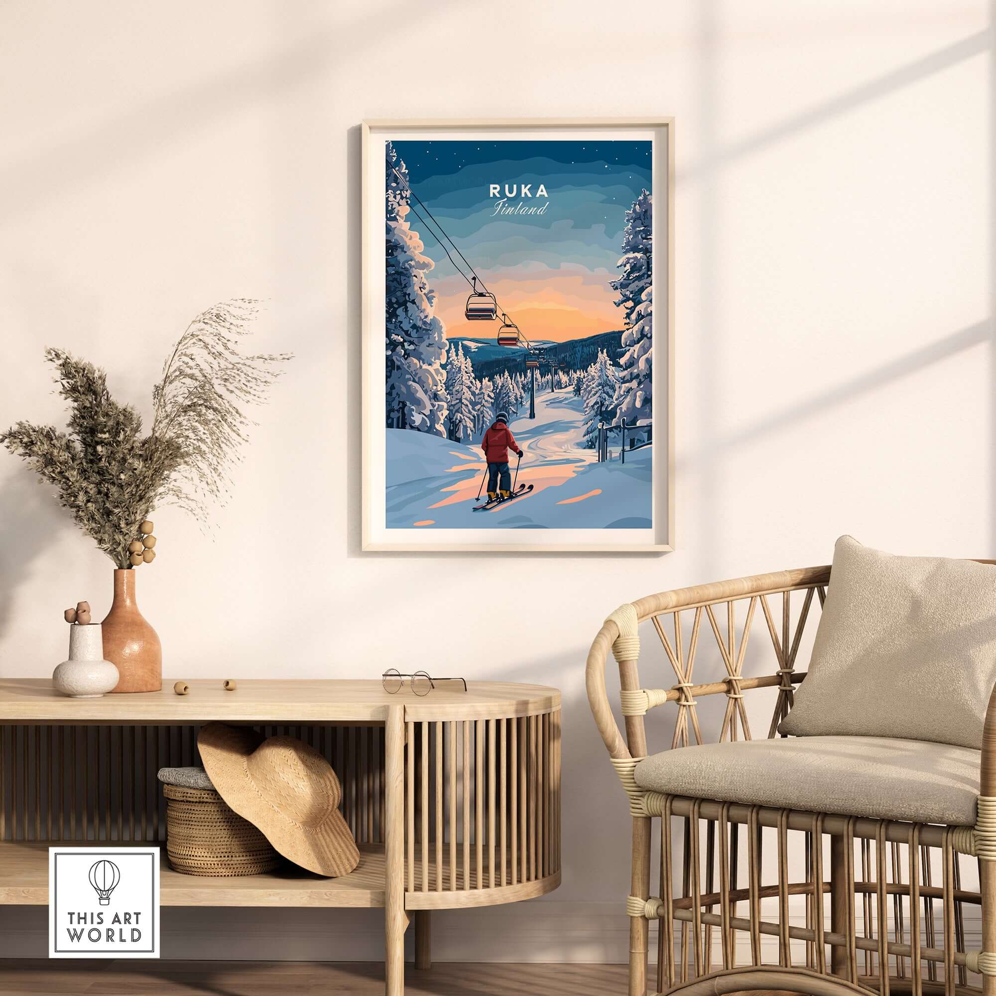 Ruka Finland ski poster showcasing a winter landscape with skiers and snowy scenery in a cozy interior setting.
