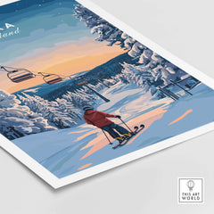 Ruka Finland ski poster showcasing a skier in winter landscape with snow-covered trees and ski lifts at sunset.