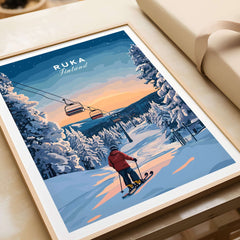 Ruka Finland ski poster featuring a serene winter landscape and skier in a red jacket against a sunset backdrop.