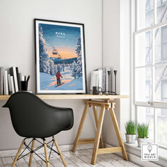 Ruka Finland ski poster framed on wall in a cozy room with desk, showcasing Nordic winter landscape and chair.
