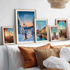 Ruka Finland ski poster displayed on a wall among other travel-themed art prints, showcasing Nordic winter charm.